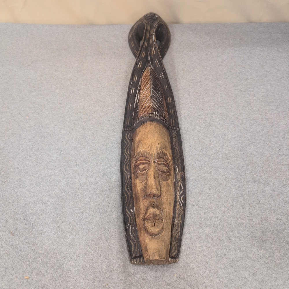 Vintage Hand Carved Wooden Tribal Mask Elongated Wall Art Decor 26 Inch